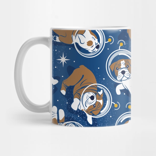 Sleepy astronaut // pattern // classic blue background white and bronze English Bulldogs goldenrod yellow antennas by SelmaCardoso